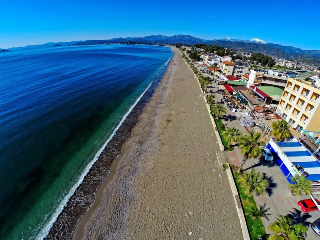 Çalış Beach in Fethiye at sunset with the long promenade, restaurants and sea view