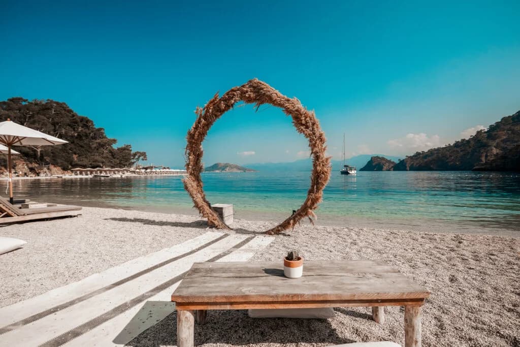Sea Me Beach in Boncuklu Bay on the Fethiye Peninsula with a calm cove and beach club setting