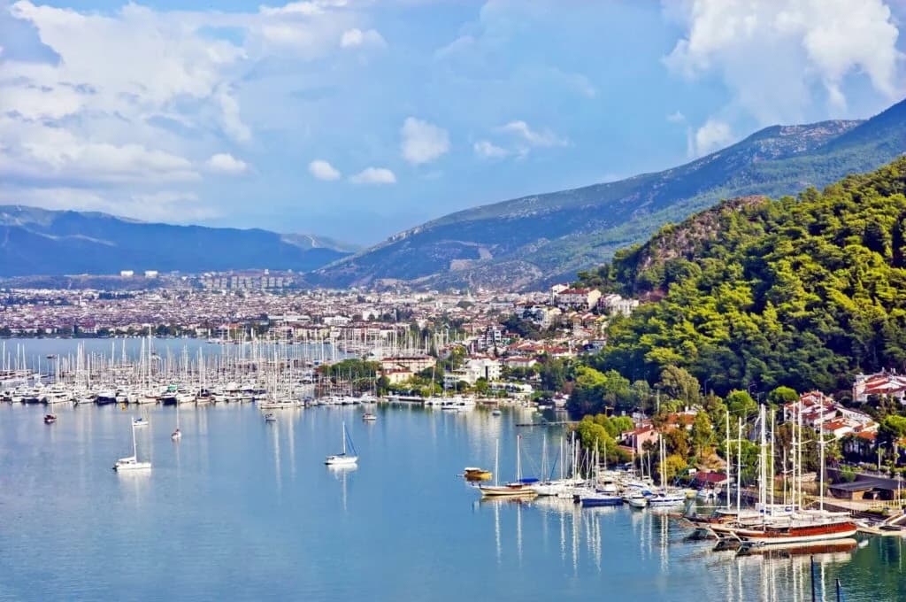 Panoramic view of Fethiye harbour, bay and surrounding mountains