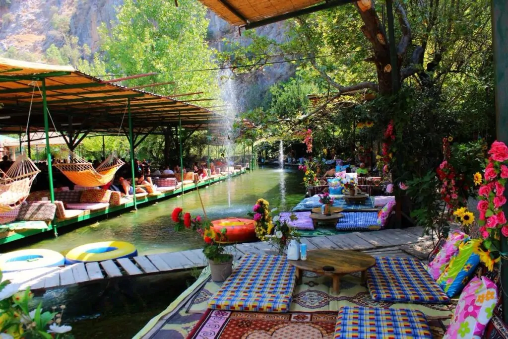 Dining on wooden river platforms at Saklikent Gorge