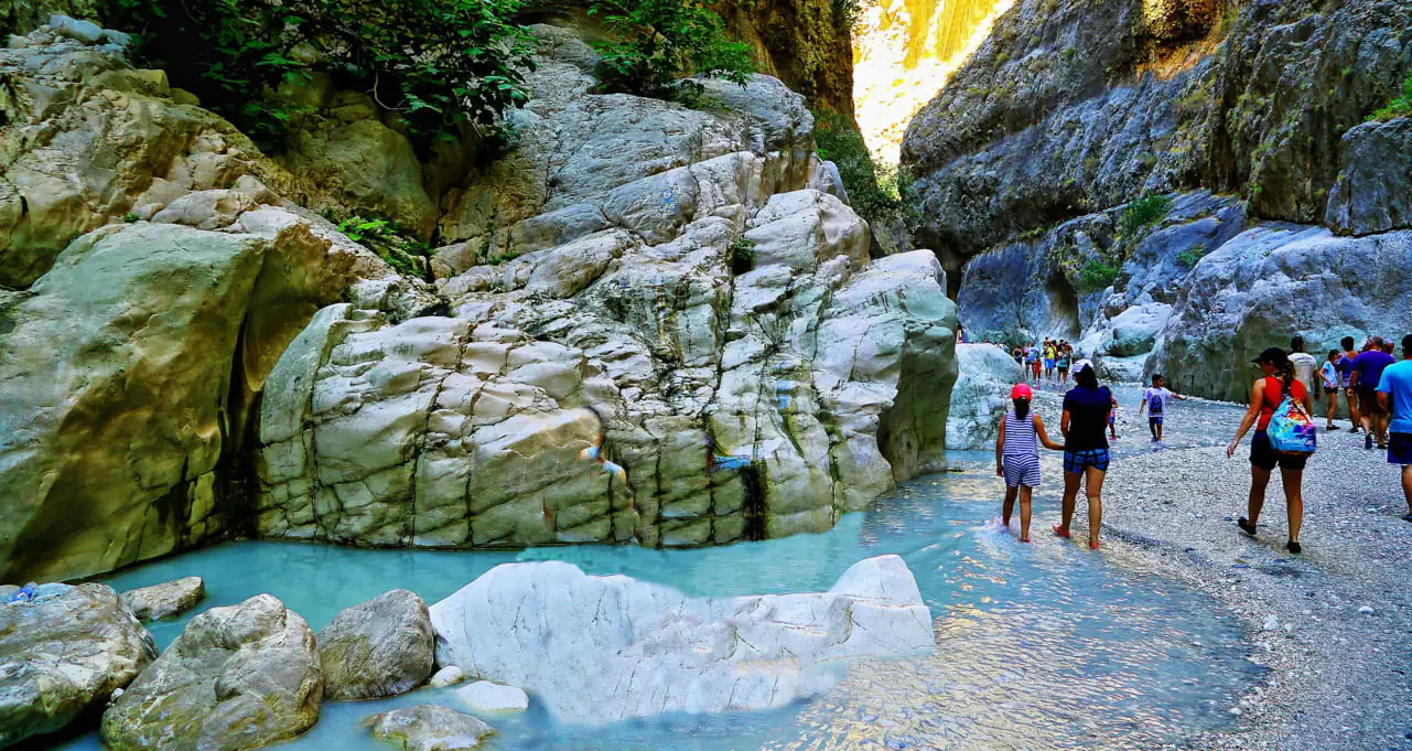 Walking inside Saklikent Gorge with river water