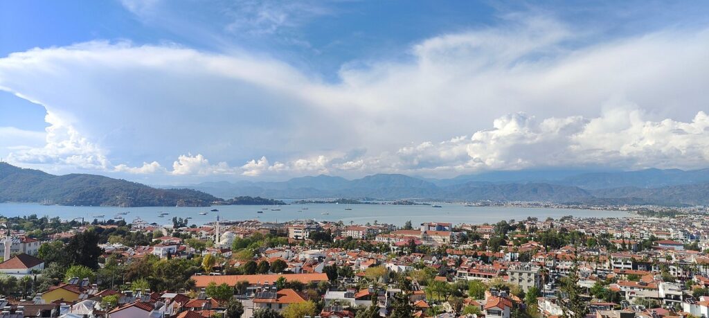 Panoramic sunset view of Fethiye Bay from the Lycian Rock Tombs