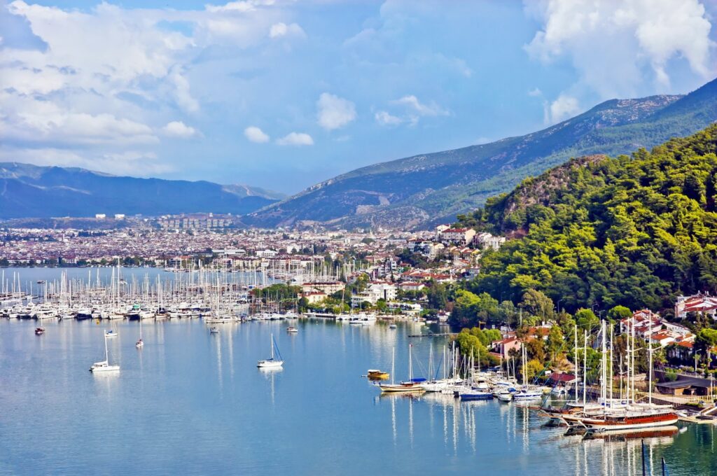 Panoramic view of Fethiye harbour, bay and surrounding mountains