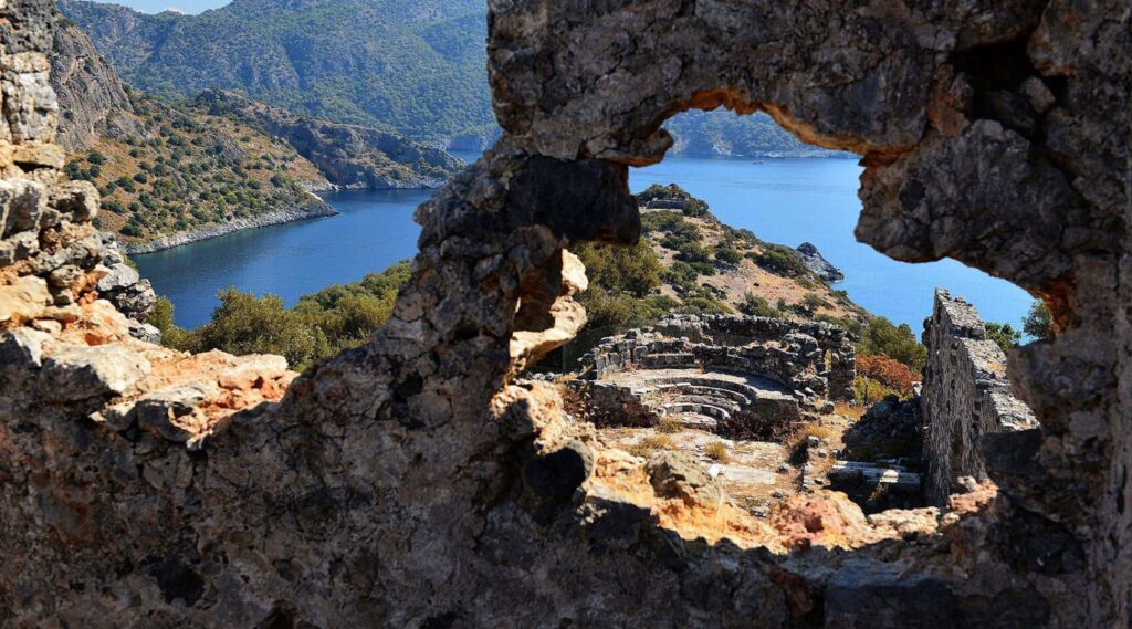 Byzantine ruins on St. Nicholas Island overlooking the sea near Ölüdeniz